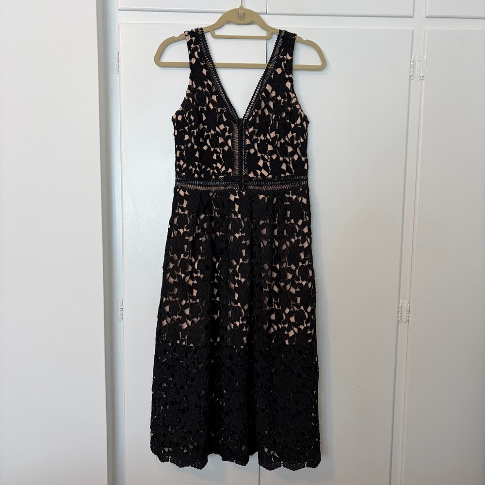 Elegant Black Peekaboo Lace V-Neck Midi Dress by Chelsea